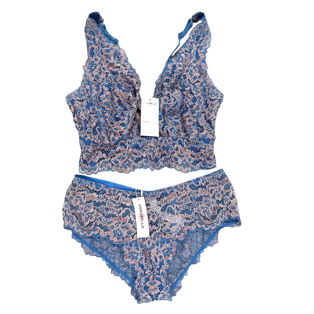 Cosabella Pret-A-Porter Curvy Bralette Panty Set Small Blue Copper Lace NWT